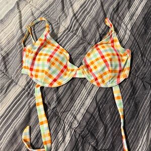 SHEIN Yellow Orange Red Green Plaid Bikini Top